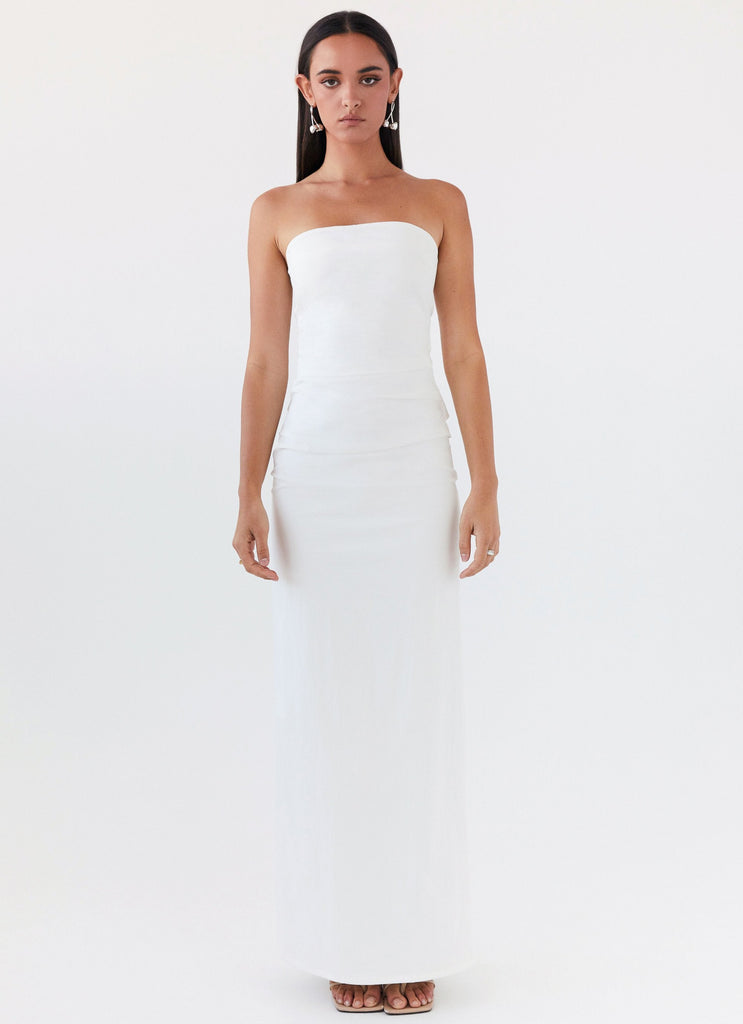 Womens Danielle Strapless Maxi Dress in the colour White in front of a light grey background