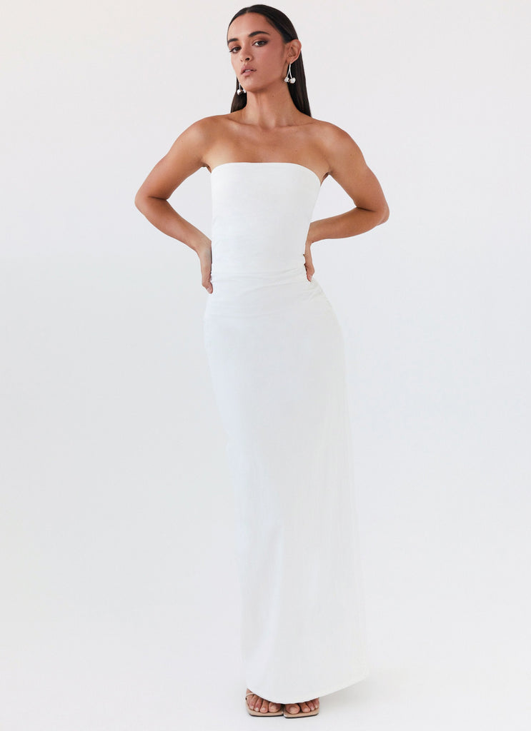 Womens Danielle Strapless Maxi Dress in the colour White in front of a light grey background