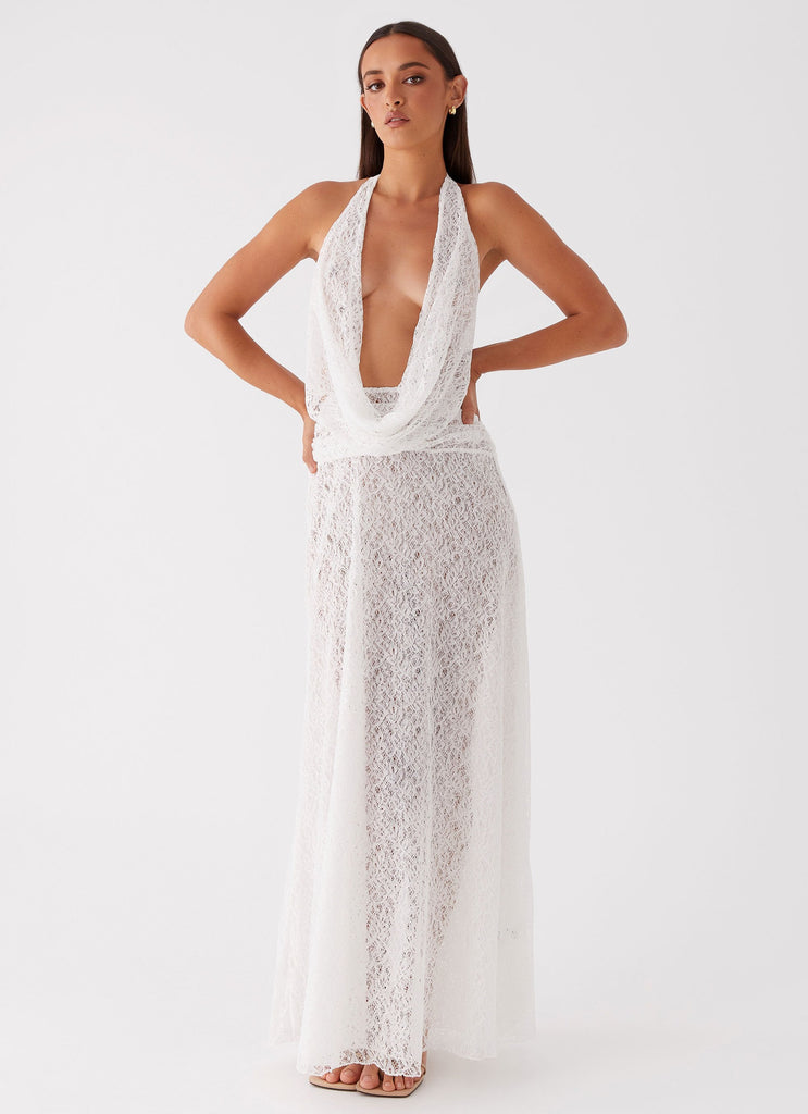 Womens Elysia Lace Maxi Dress in the colour White in front of a light grey background