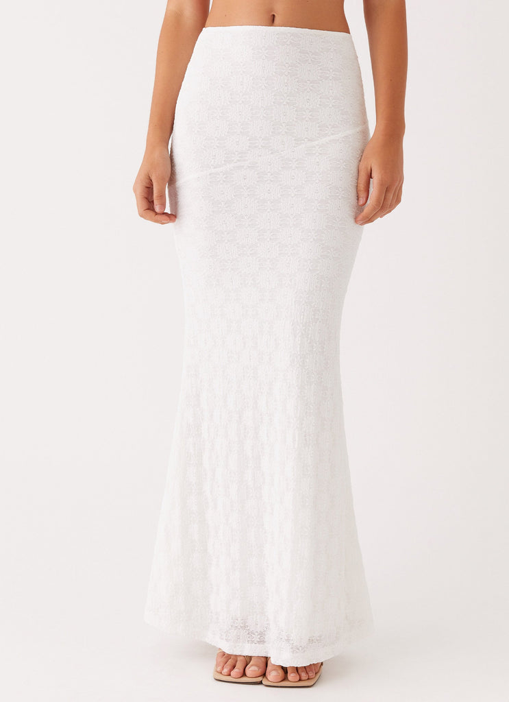 Womens Issey Maxi Skirt in the colour White in front of a light grey background