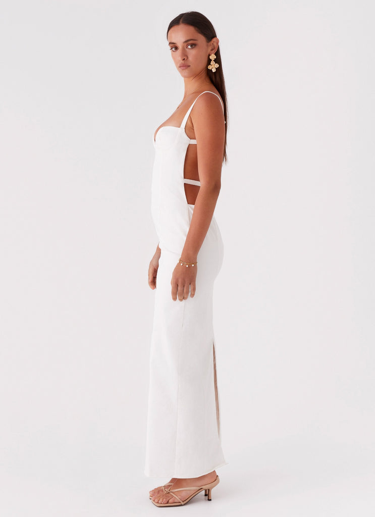 Womens Naomi Backless Maxi Dress in the colour Off White in front of a light grey background