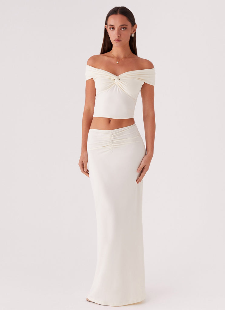 Womens Trixie Twist Off Shoulder Top in the colour Ivory in front of a light grey background