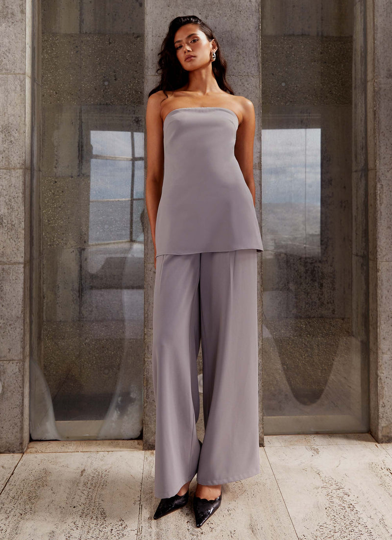 Womens Elle Wide Leg Tailored Pants in the colour Grey in front of a light grey background