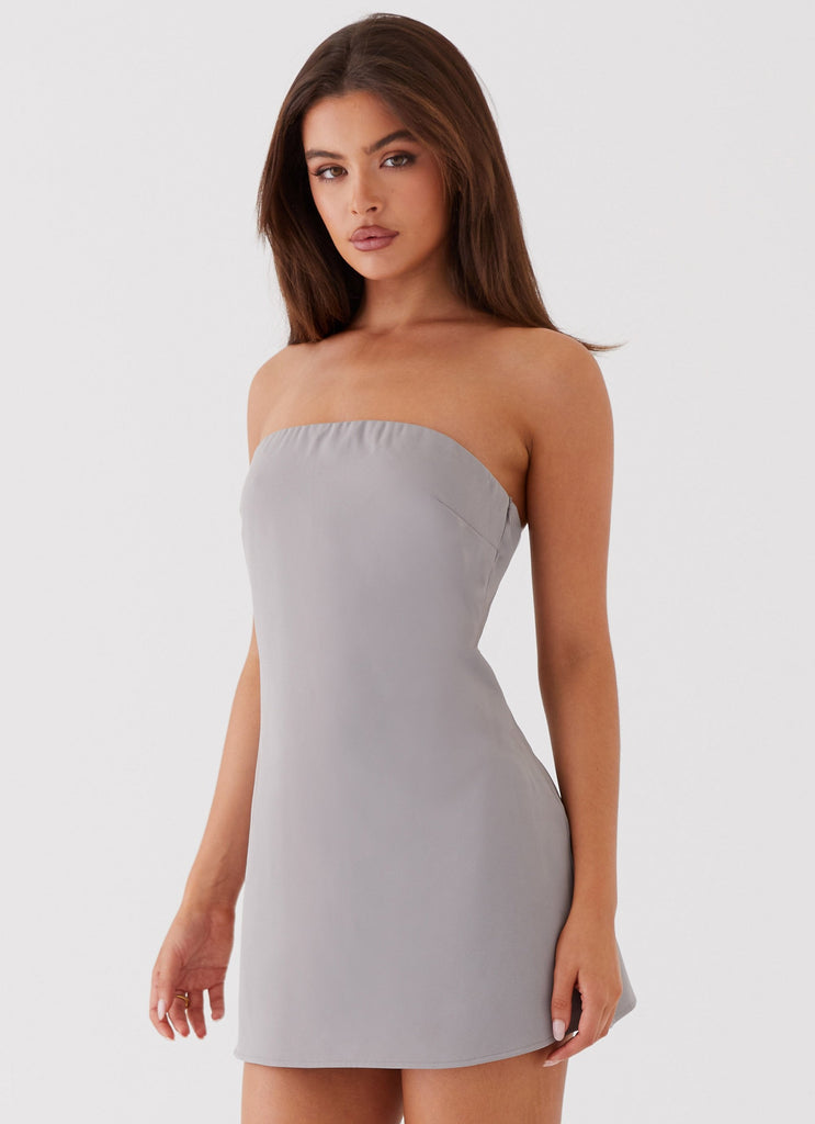 Womens Rachel Strapless Mini Dress in the colour Grey in front of a light grey background