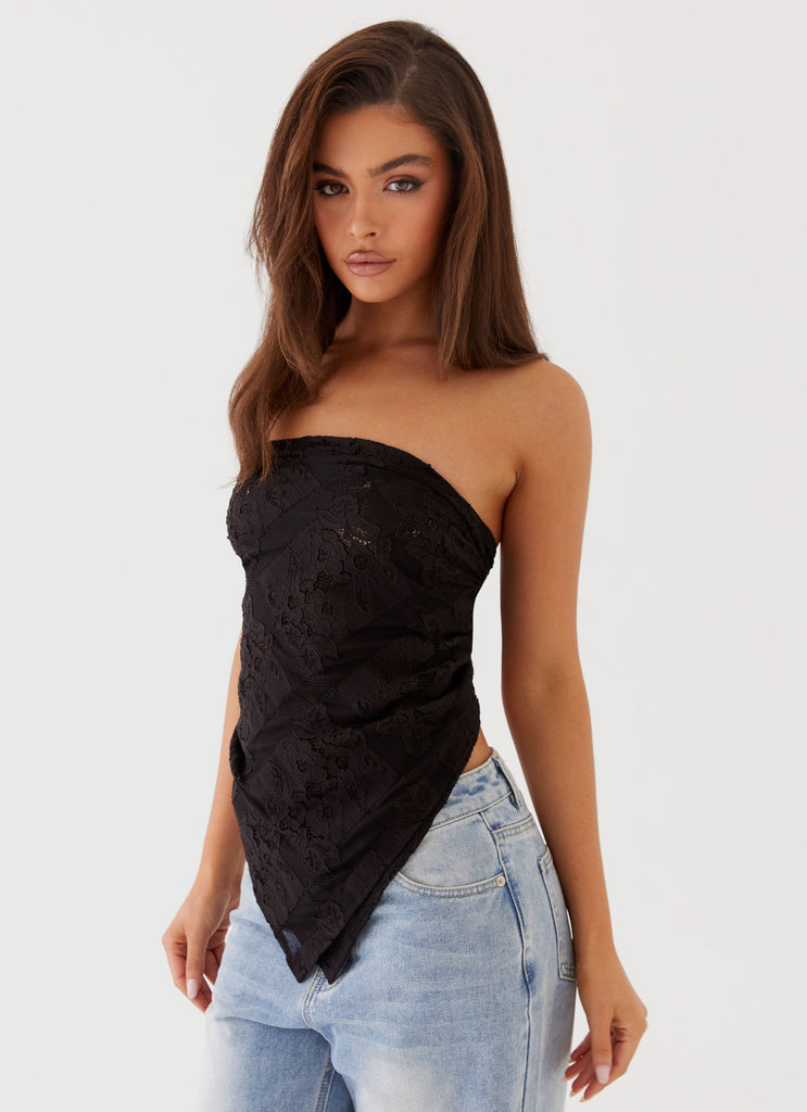 Womens Midnight Lace Scarf Top in the colour Black in front of a light grey background