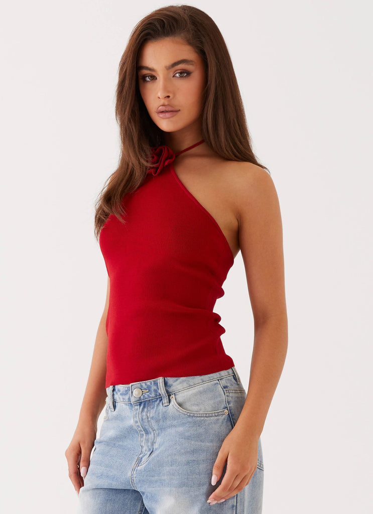 Womens Delphi Rose Knit Top in the colour Rouge Red in front of a light grey background