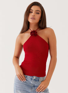 Womens Delphi Rose Knit Top in the colour Rouge Red in front of a light grey background