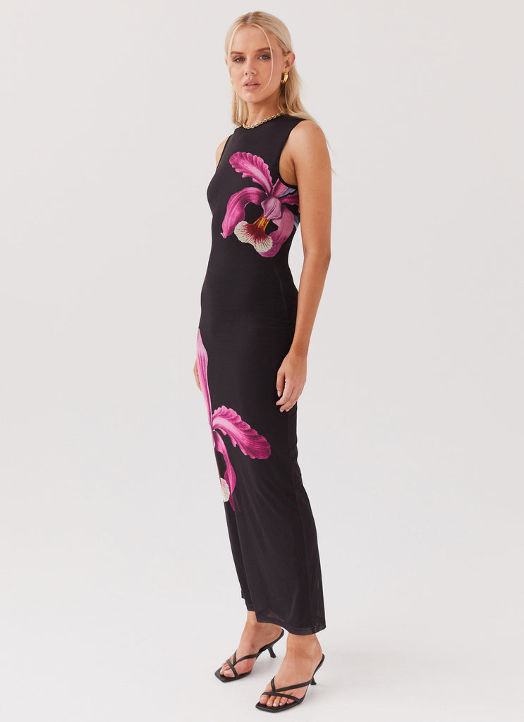 Womens Main Moment Mesh Maxi Dress in the colour Cosmo Floral in front of a light grey background