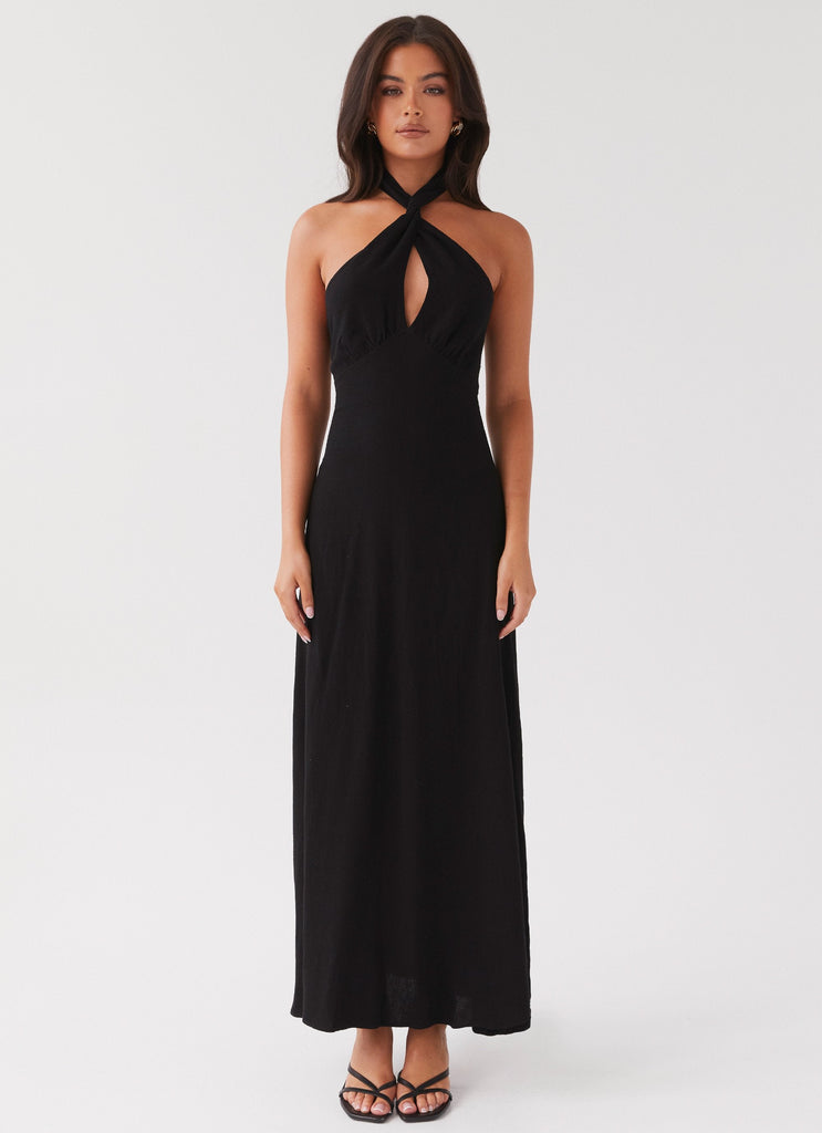 Womens Adrienne Linen Maxi Dress in the colour Black in front of a light grey background