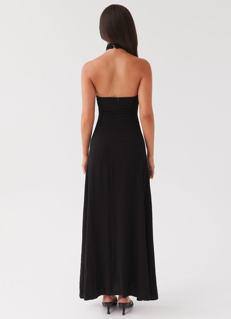 Womens Adrienne Linen Maxi Dress in the colour Black in front of a light grey background