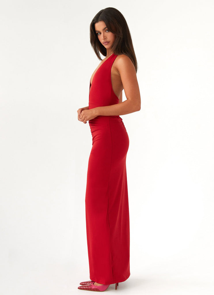 Womens Whisked Away Halterneck Maxi Dress in the colour Red in front of a light grey background