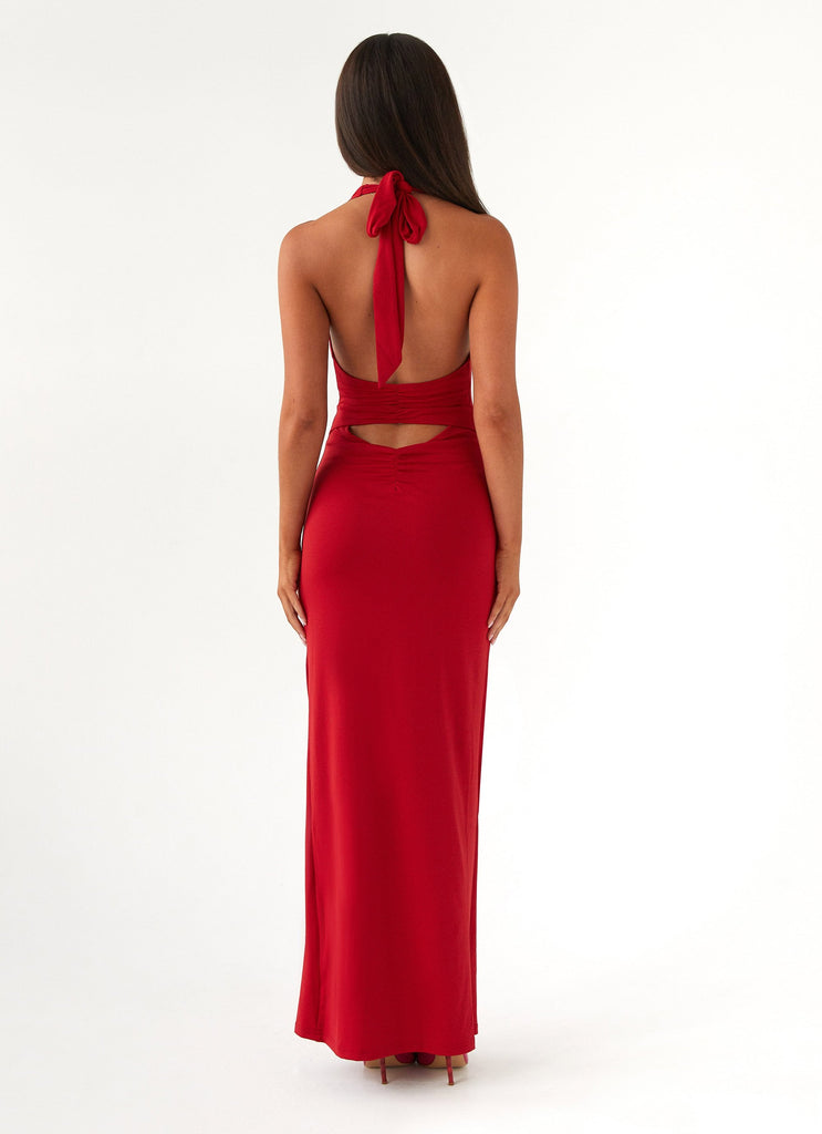 Womens Whisked Away Halterneck Maxi Dress in the colour Red in front of a light grey background