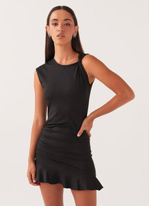 Womens Katy Frill Mini Dress in the colour Black in front of a light grey background