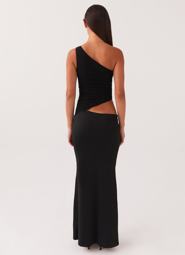 Womens Seranella One Shoulder Maxi Dress in the colour Black in front of a light grey background