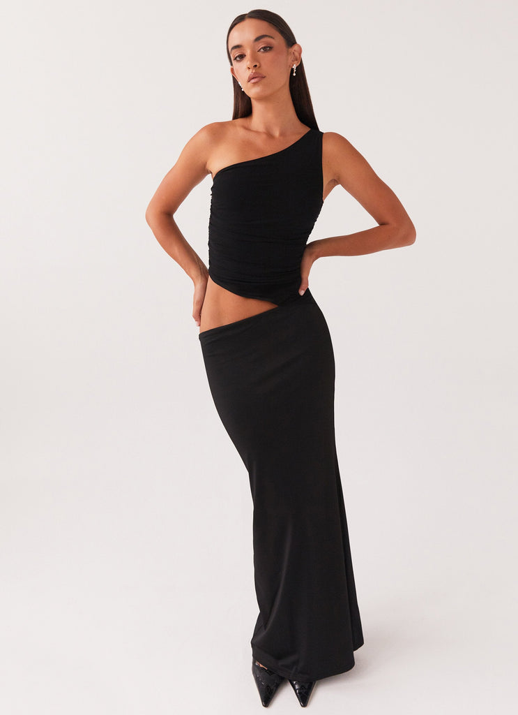 Womens Seranella One Shoulder Maxi Dress in the colour Black in front of a light grey background