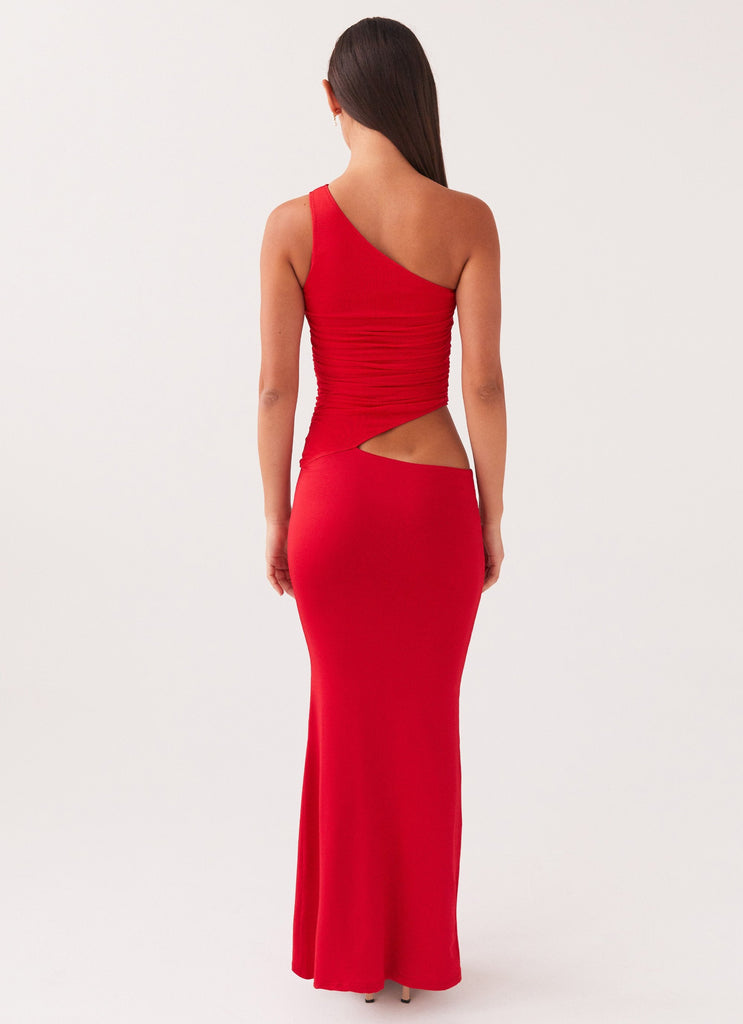 Womens Seranella One Shoulder Maxi Dress in the colour Cherry Red in front of a light grey background