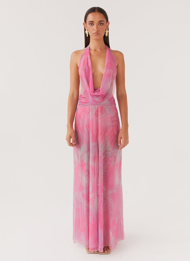 Womens Elysia Mesh Maxi Dress in the colour Pink Floral in front of a light grey background