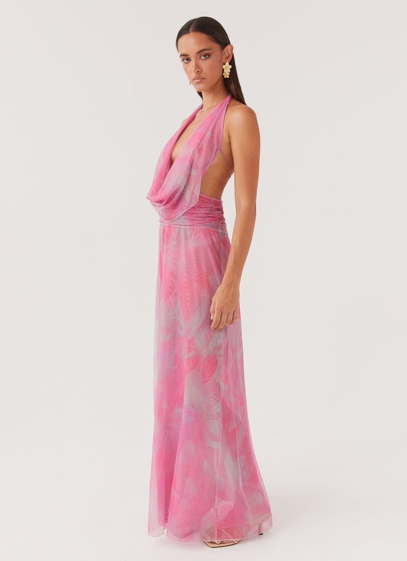 Womens Elysia Mesh Maxi Dress in the colour Pink Floral in front of a light grey background