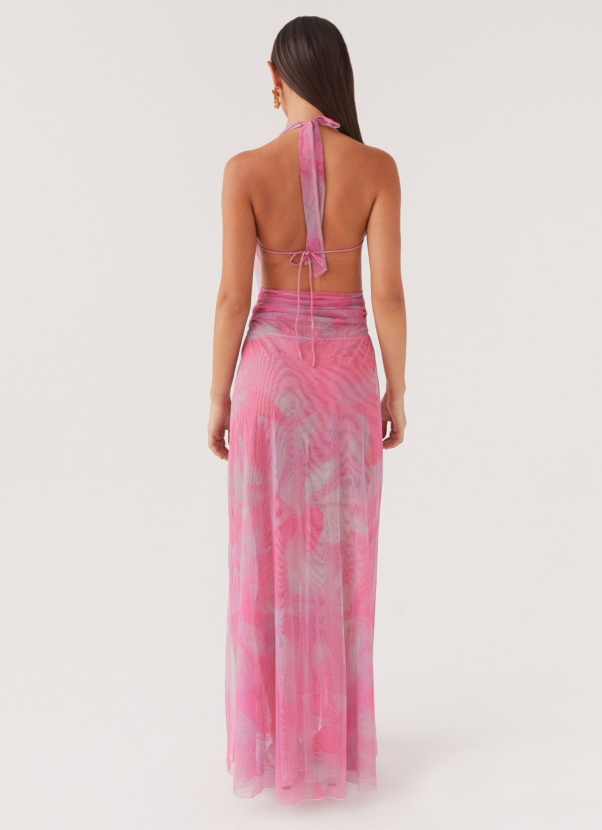 Womens Elysia Mesh Maxi Dress in the colour Pink Floral in front of a light grey background