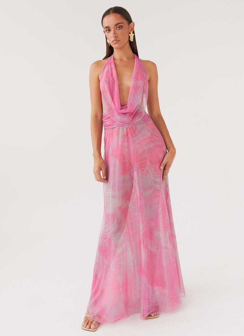 Womens Elysia Mesh Maxi Dress in the colour Pink Floral in front of a light grey background