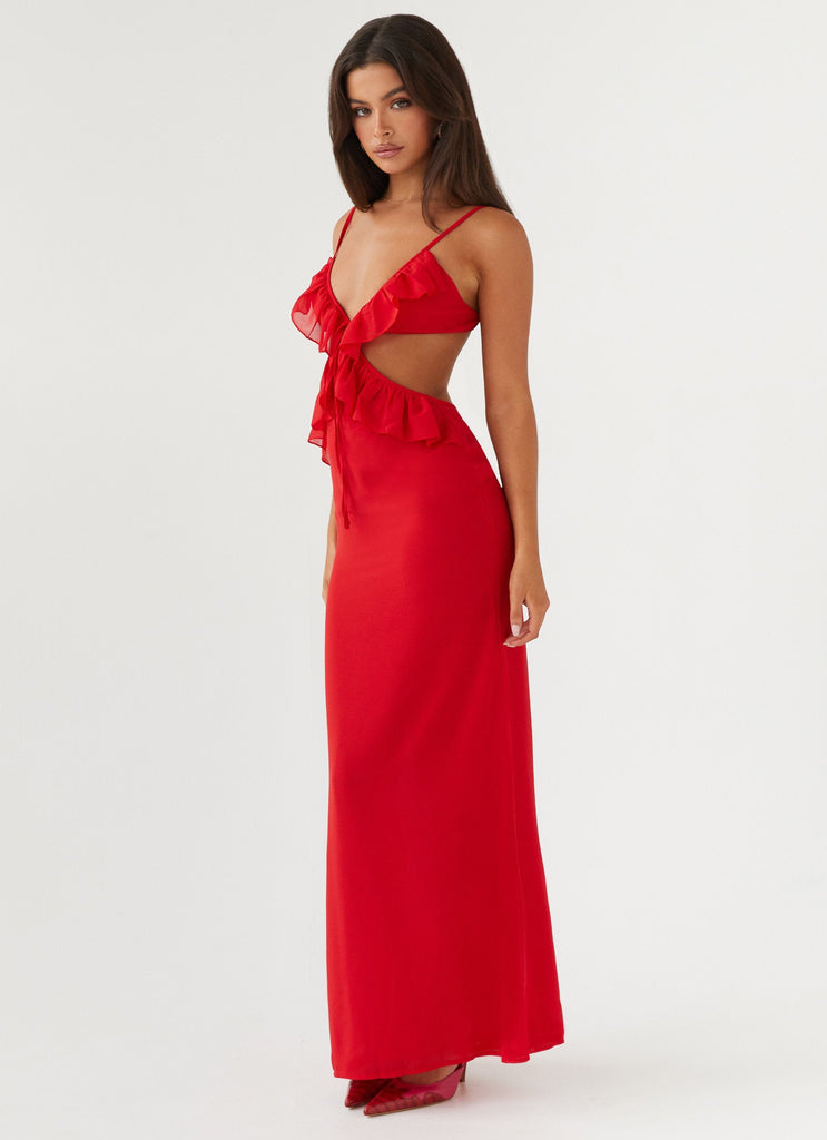 Womens Klara Cut Out Maxi Dress in the colour Red in front of a light grey background