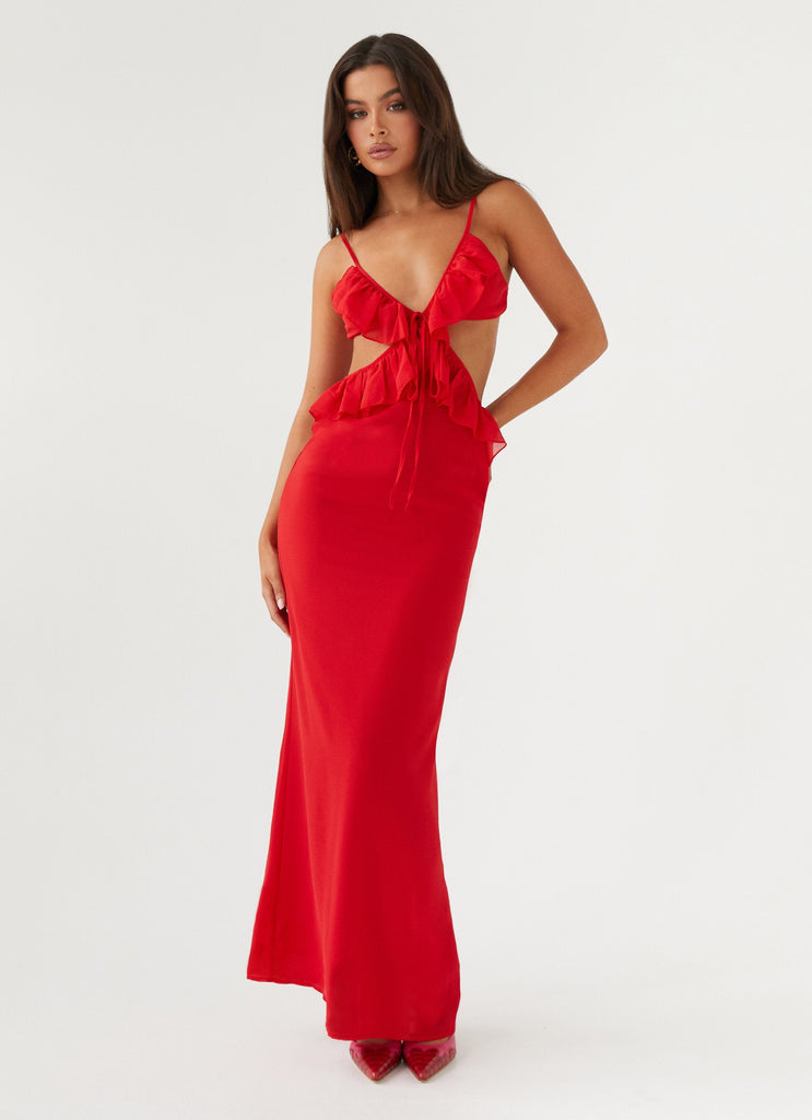 Womens Klara Cut Out Maxi Dress in the colour Red in front of a light grey background