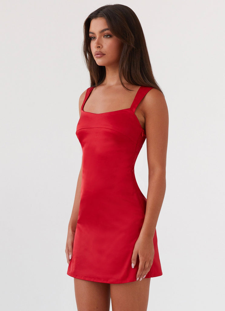 Womens Odette Satin Mini Dress in the colour Red in front of a light grey background