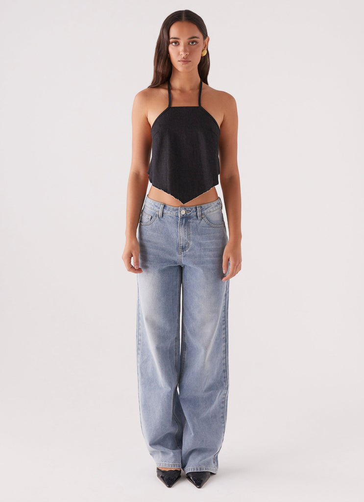 Womens Rexi Halter Denim Top in the colour Washed Black in front of a light grey background