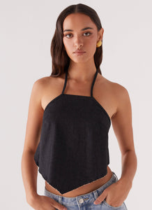 Womens Rexi Halter Denim Top in the colour Washed Black in front of a light grey background