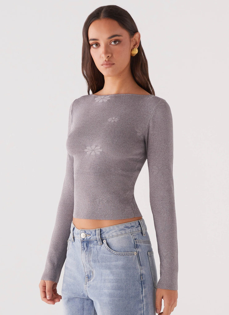 Womens Dandelion Long Sleeve Knit Top in the colour Grey Marle in front of a light grey background