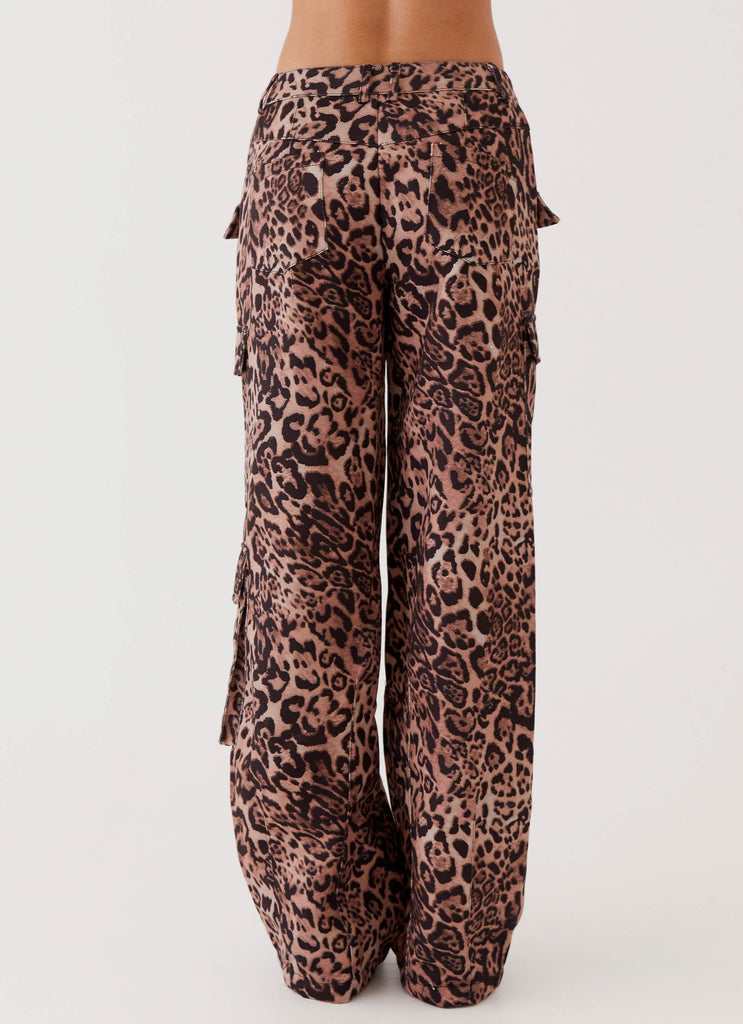 Womens Greedy Cargo Pants in the colour Leopard in front of a light grey background