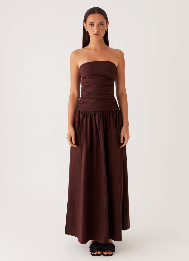 Womens Carmel Maxi Dress in the colour Brown in front of a light grey background