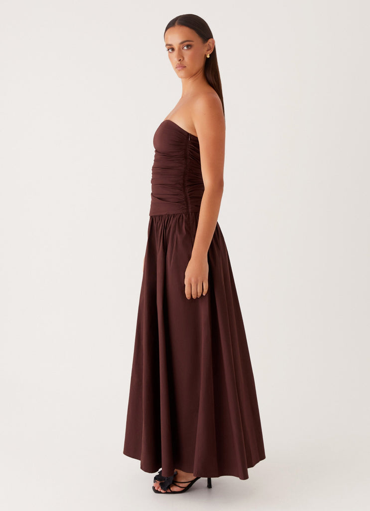 Womens Carmel Maxi Dress in the colour Brown in front of a light grey background