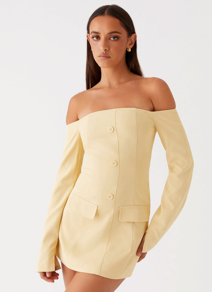 Womens Dominique Blazer Mini Dress in the colour Yellow in front of a light grey background