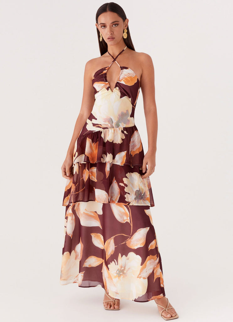 Womens Sunset Chaser Maxi Dress in the colour Brown Floral in front of a light grey background