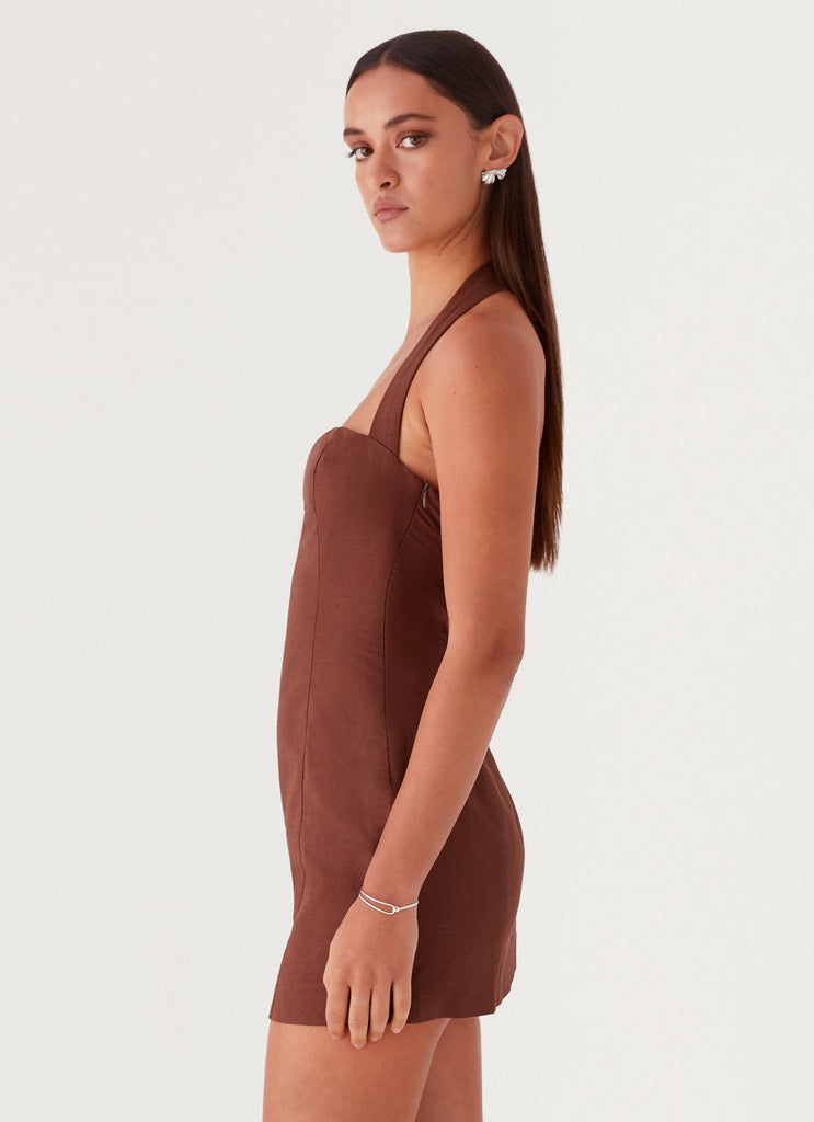 Womens Julianna Linen Mini Dress in the colour Chocolate in front of a light grey background