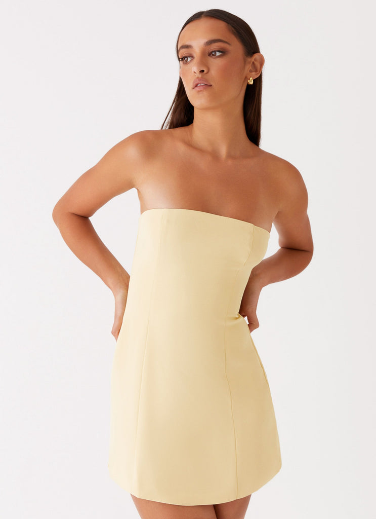 Womens Ayanna Strapless Mini Dress in the colour Yellow in front of a light grey background