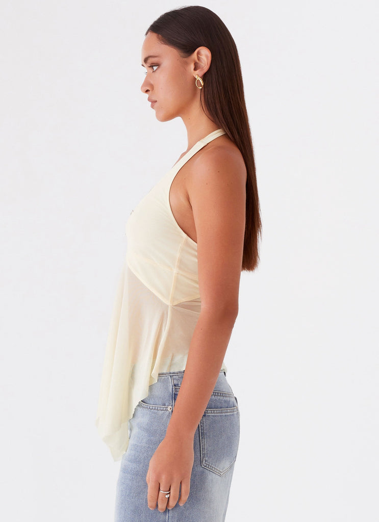 Womens Sunbeam Mesh Top in the colour Yellow in front of a light grey background