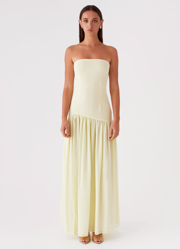 Womens Eden Strapless Maxi Dress in the colour Yellow in front of a light grey background