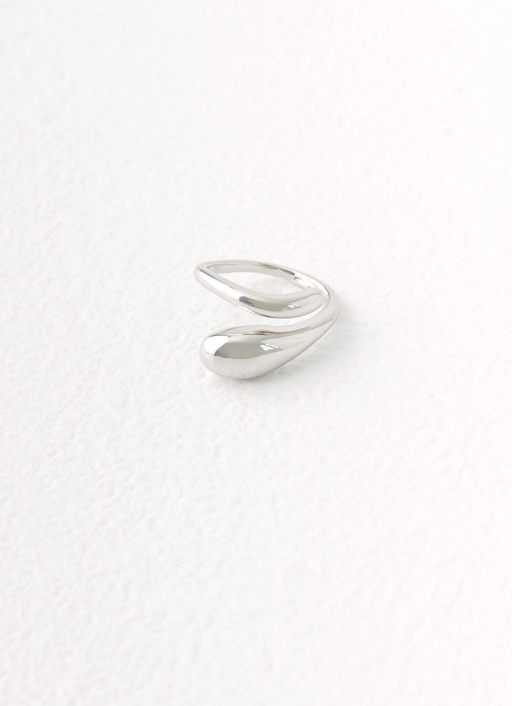 Womens Teardrop Wrap Ring in the colour Silver in front of a light grey background