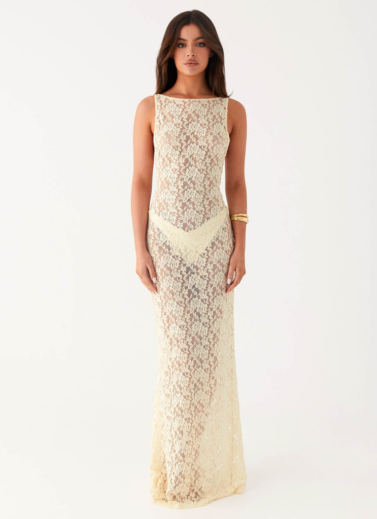 Womens Promised Land Lace Maxi Dress in the colour Ivory in front of a light grey background