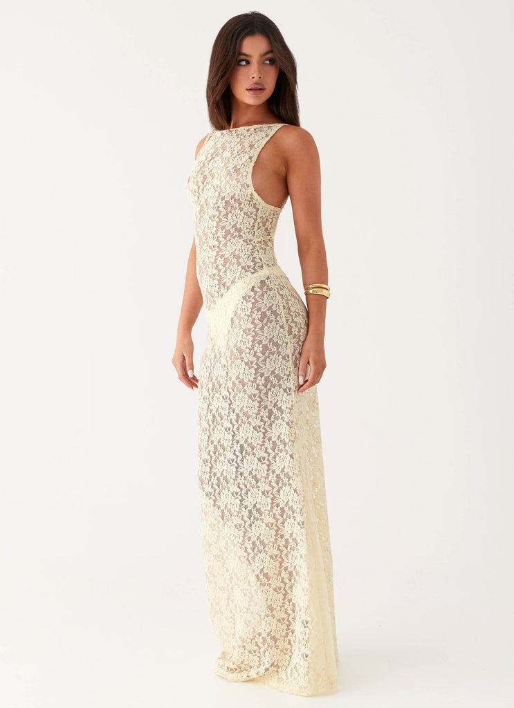 Womens Promised Land Lace Maxi Dress in the colour Ivory in front of a light grey background