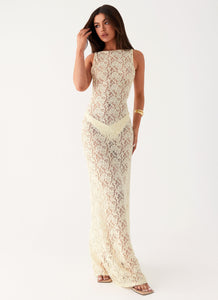 Womens Promised Land Lace Maxi Dress in the colour Ivory in front of a light grey background