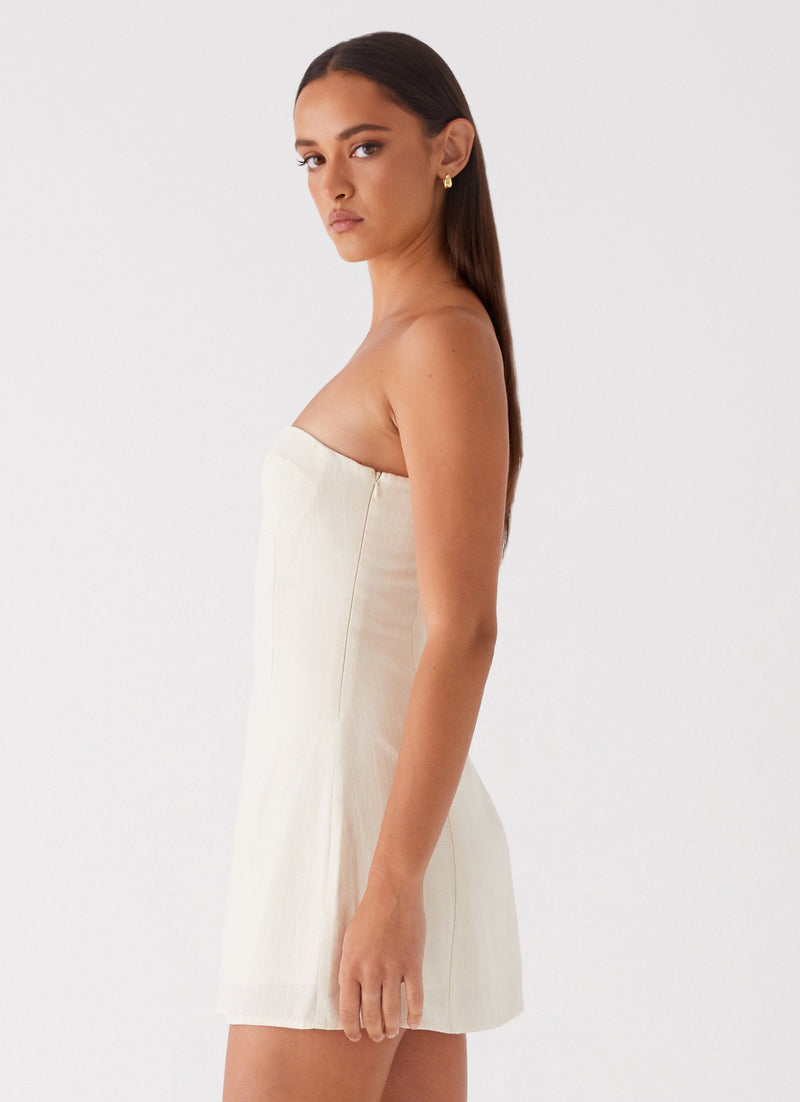 Womens Do It That Way Linen Mini Dress in the colour Ivory in front of a light grey background