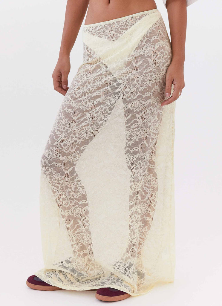 Womens Atoir Lace Maxi Skirt in the colour Yellow in front of a light grey background