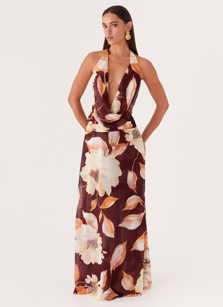 Womens Elysia Chiffon Maxi Dress in the colour Brown Floral in front of a light grey background