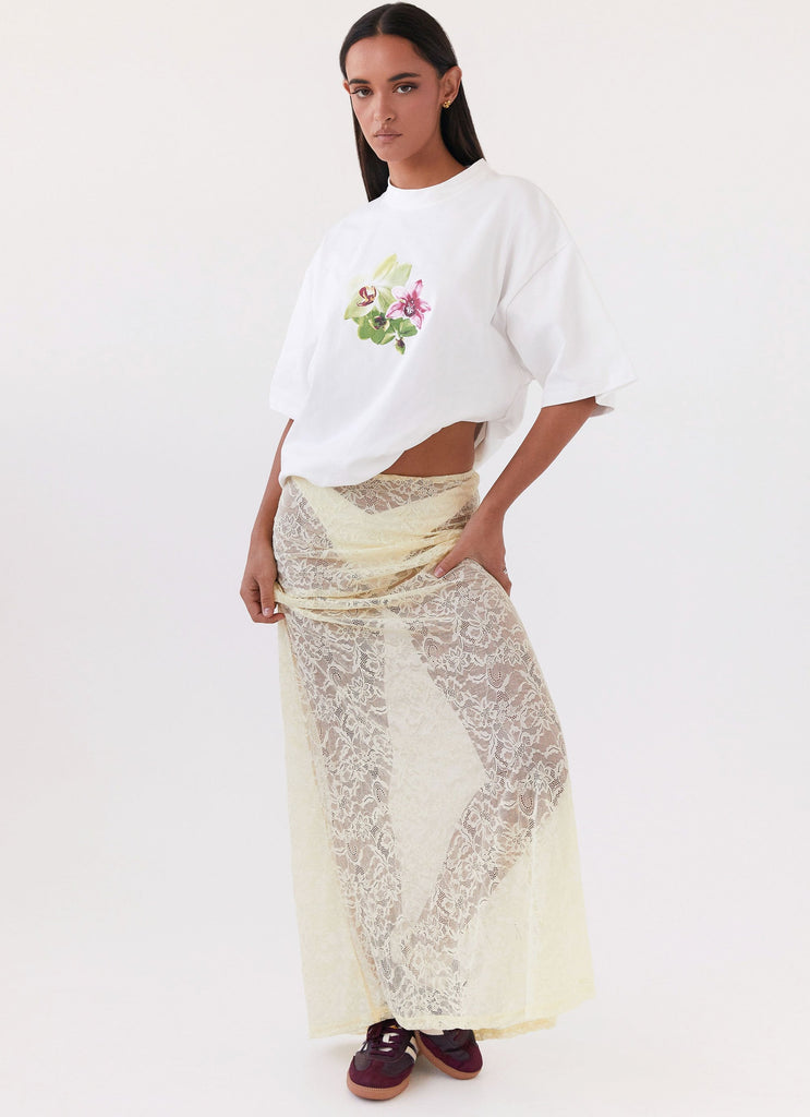 Womens Atoir Lace Maxi Skirt in the colour Yellow in front of a light grey background