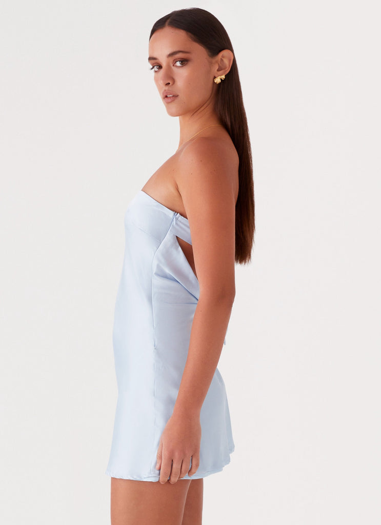 Womens Jamie Satin Mini Dress in the colour Blue in front of a light grey background