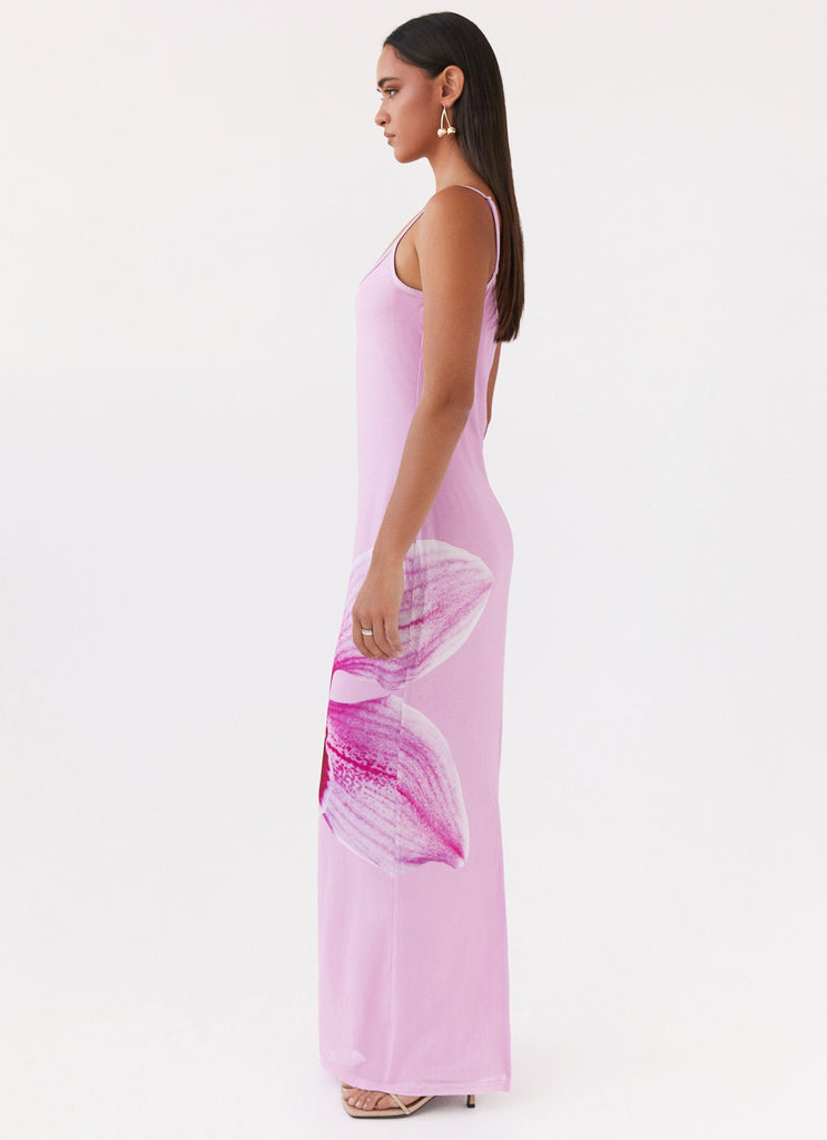 Womens Bad News Mesh Maxi Dress in the colour Pink Magnolia in front of a light grey background