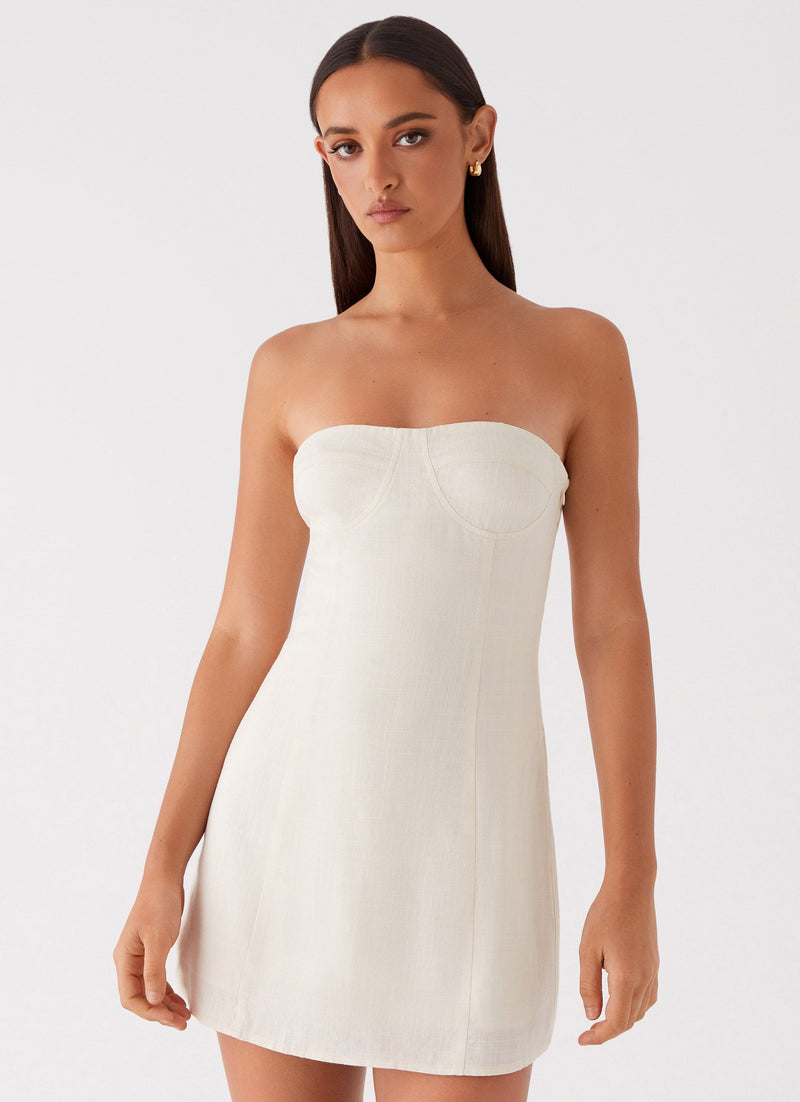 Womens Do It That Way Linen Mini Dress in the colour Ivory in front of a light grey background